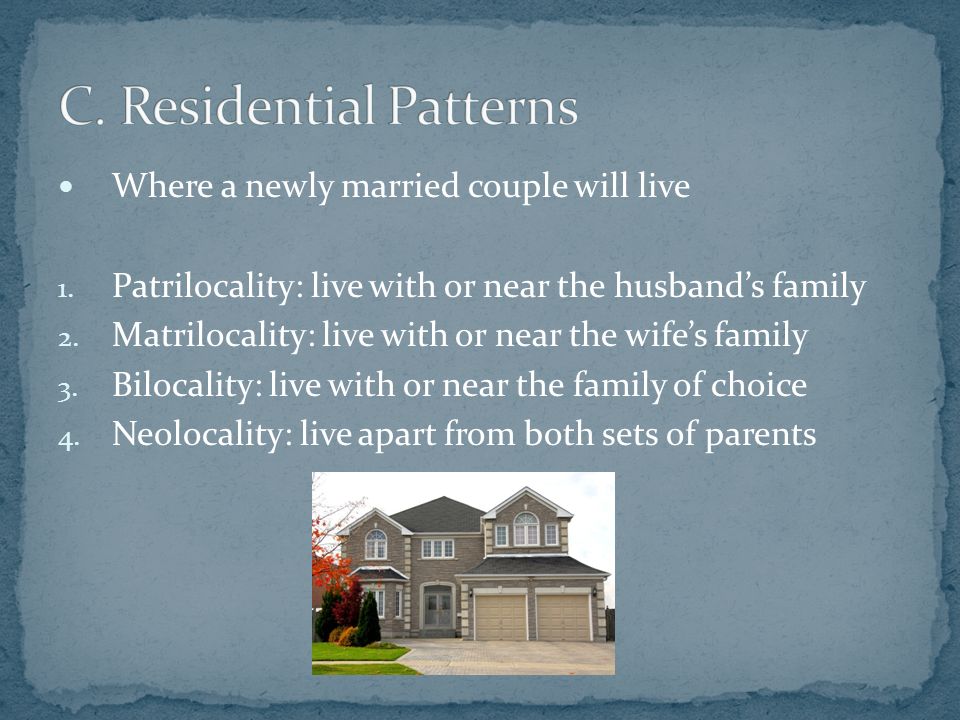 Where a newly married couple will live 1. Patrilocality: live with or near the husband’s family 2.