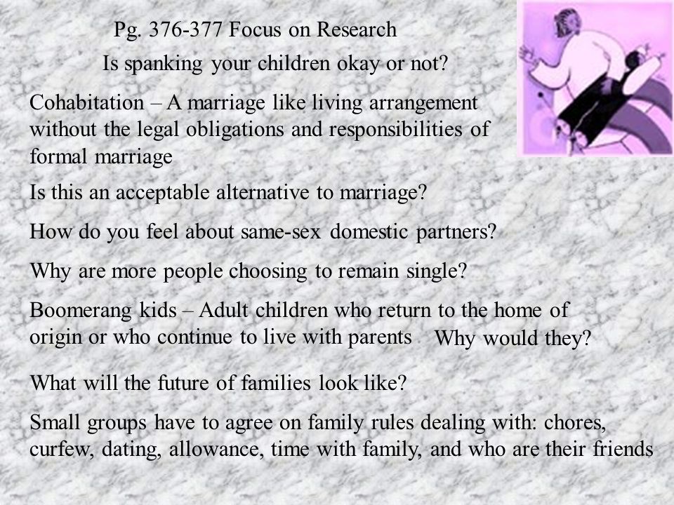 Cohabitation – A marriage like living arrangement without the legal obligations and responsibilities of formal marriage Is spanking your children okay or not.