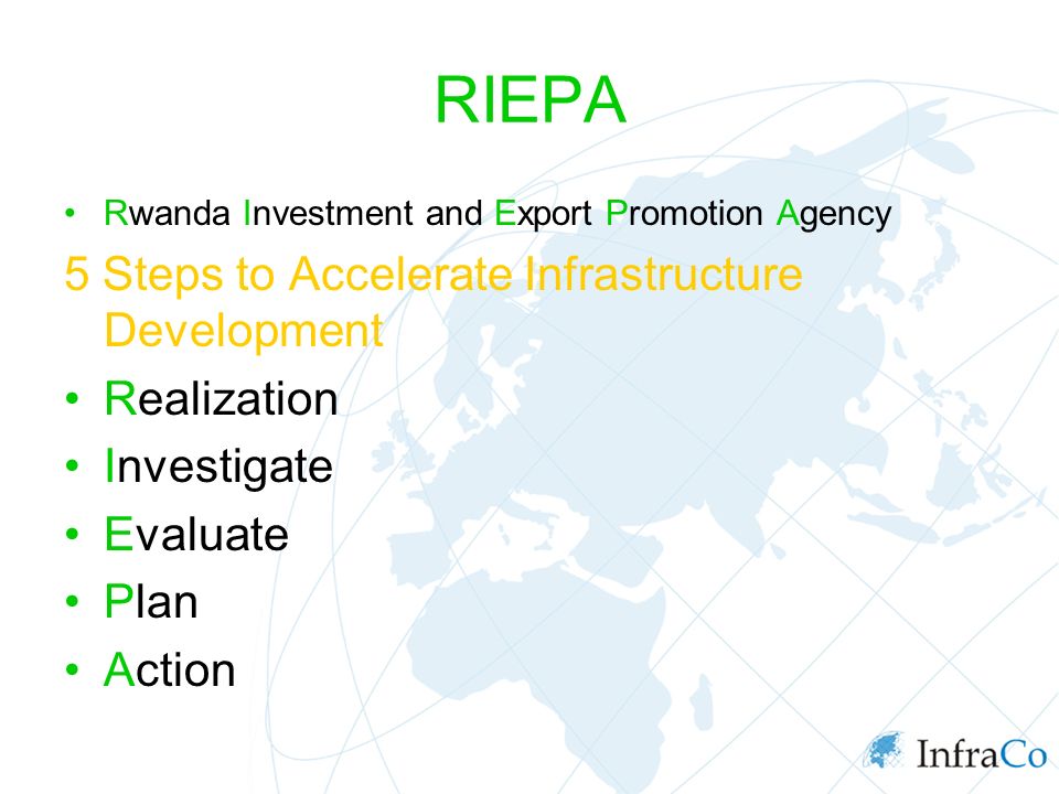 RIEPA Rwanda Investment and Export Promotion Agency 5 Steps to Accelerate Infrastructure Development Realization Investigate Evaluate Plan Action