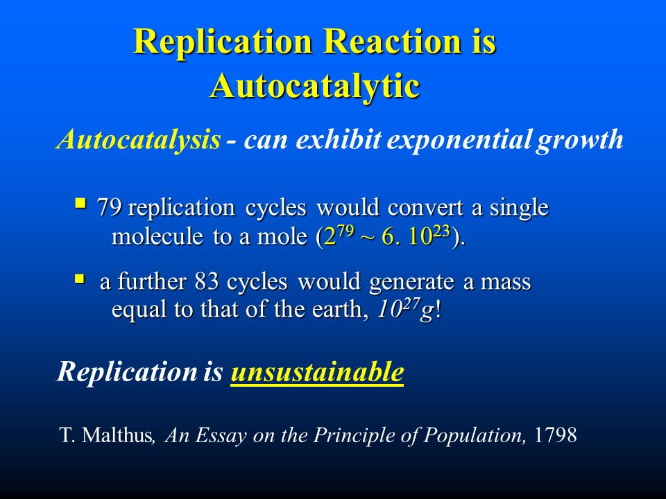 Replication Reaction is Autocatalytic  79 replication cycles would convert a single molecule to a mole (2 79 ~ 6.