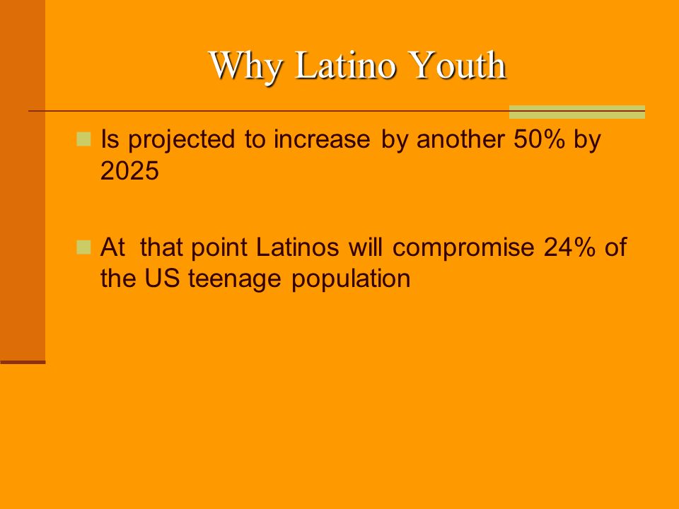 Why Latino Youth Is projected to increase by another 50% by 2025 At that point Latinos will compromise 24% of the US teenage population