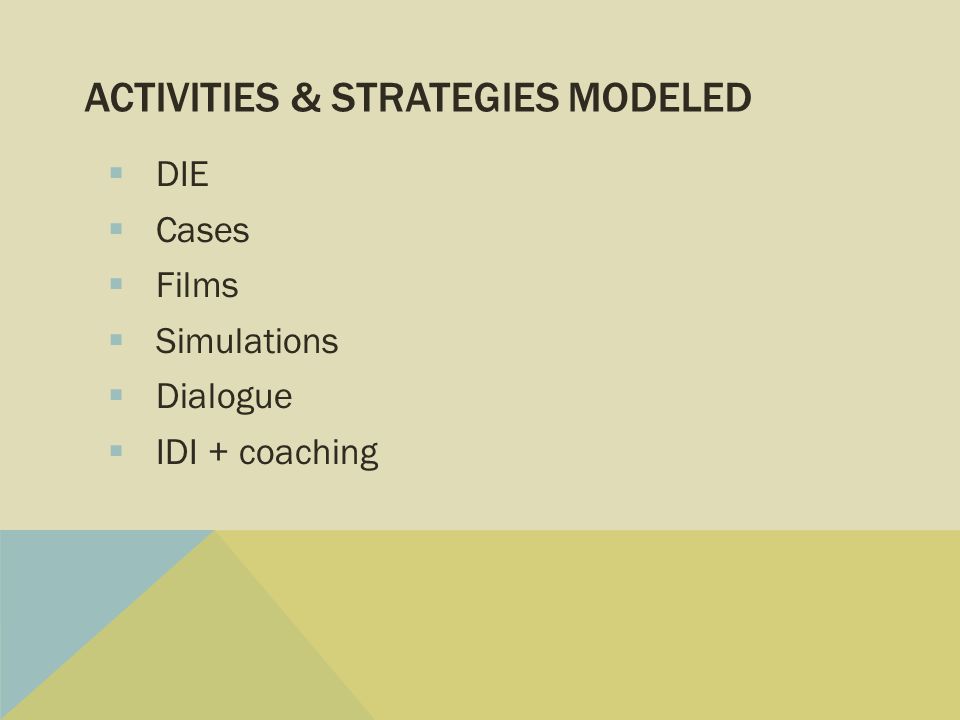 ACTIVITIES & STRATEGIES MODELED  DIE  Cases  Films  Simulations  Dialogue  IDI + coaching