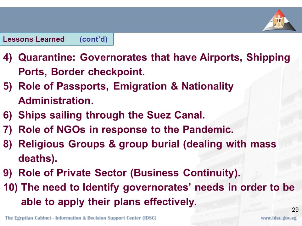 29 4)Quarantine: Governorates that have Airports, Shipping Ports, Border checkpoint.