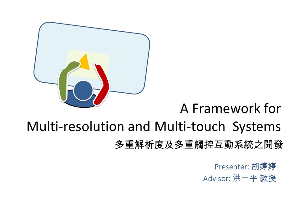 A Framework for Multi-resolution and Multi-touch Systems Presenter: 胡婷婷 多重解析度及多重觸控互動系統之開發 Advisor: 洪一平 教授