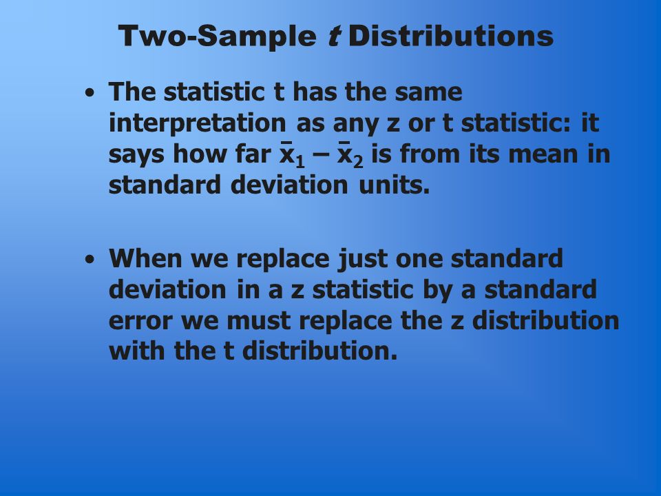 Two-Sample t Distributions The statistic t has the same interpretation as any z or t statistic: it says how far x 1 – x 2 is from its mean in standard deviation units.