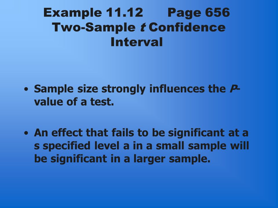 Example Page 656 Two-Sample t Confidence Interval Sample size strongly influences the P- value of a test.