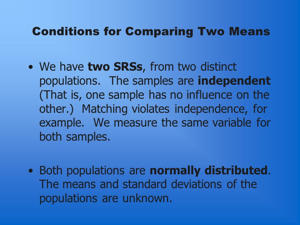 Conditions for Comparing Two Means We have two SRSs, from two distinct populations.
