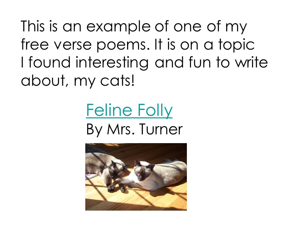 Feline Folly By Mrs. Turner This is an example of one of my free verse poems.