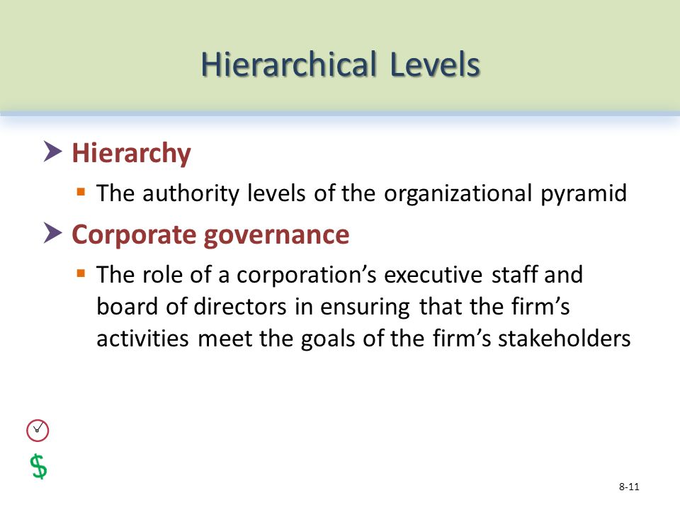Hierarchical Levels  Hierarchy  The authority levels of the organizational pyramid  Corporate governance  The role of a corporation’s executive staff and board of directors in ensuring that the firm’s activities meet the goals of the firm’s stakeholders 8-11