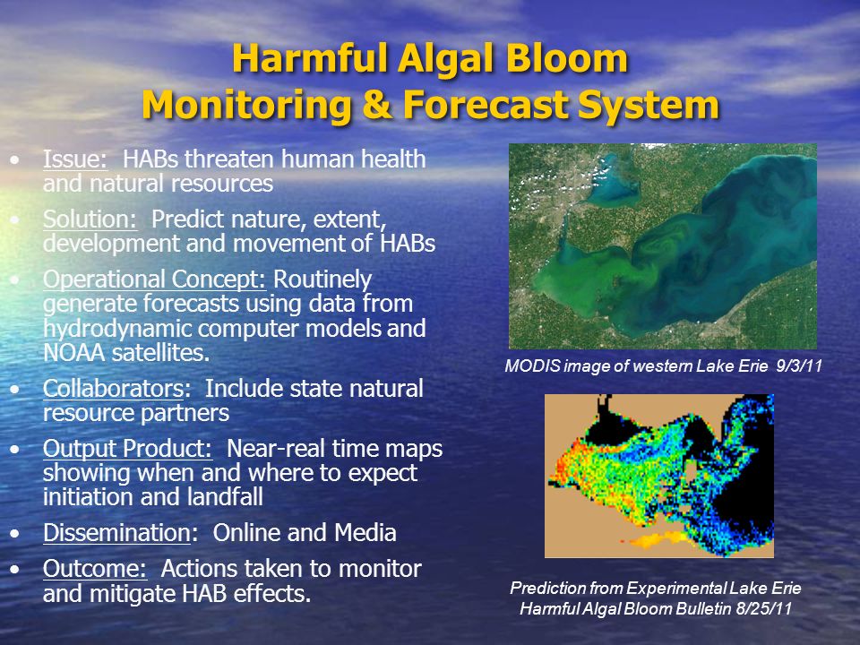 Harmful Algal Bloom Monitoring & Forecast System Issue: HABs threaten human health and natural resources Solution: Predict nature, extent, development and movement of HABs Operational Concept: Routinely generate forecasts using data from hydrodynamic computer models and NOAA satellites.