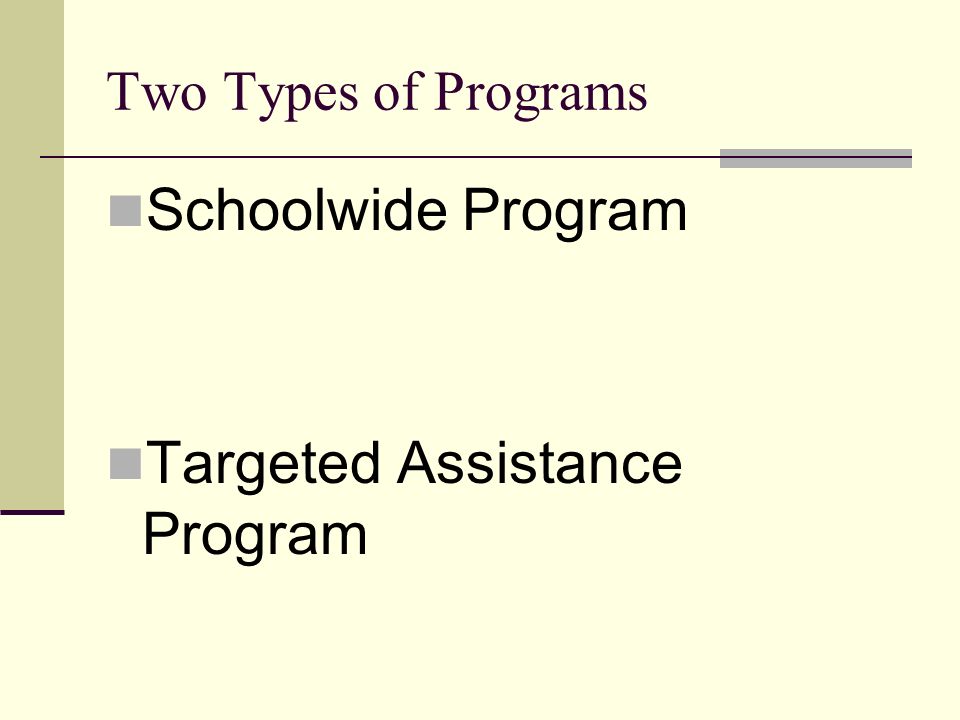 Two Types of Programs Schoolwide Program Targeted Assistance Program