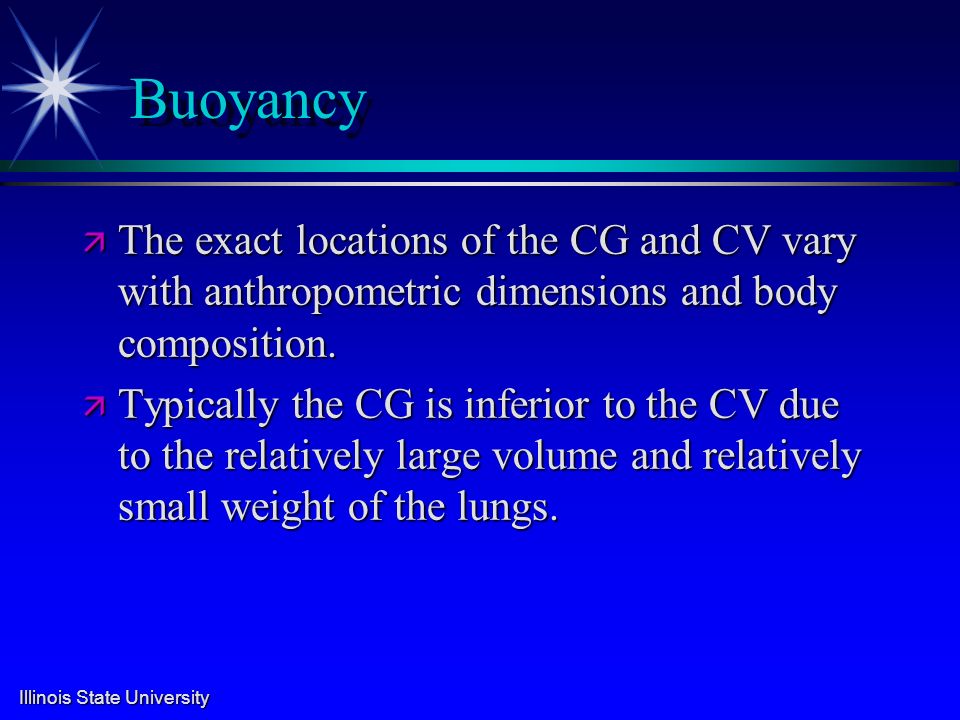 Buoyancy ä The exact locations of the CG and CV vary with anthropometric dimensions and body composition.