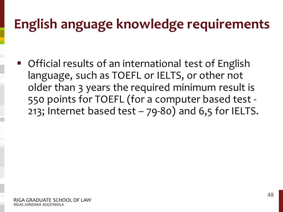 English anguage knowledge requirements  Official results of an international test of English language, such as TOEFL or IELTS, or other not older than 3 years the required minimum result is 550 points for TOEFL (for a computer based test - 213; Internet based test – 79-80) and 6,5 for IELTS.