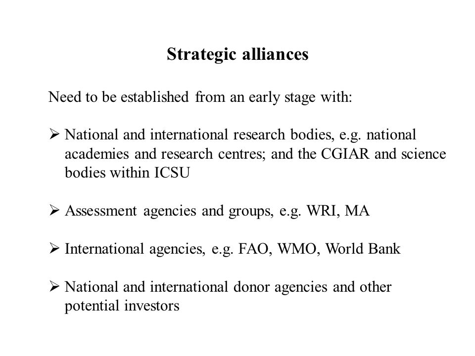 Strategic alliances Need to be established from an early stage with:  National and international research bodies, e.g.