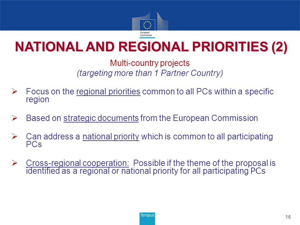 Multi-country projects (targeting more than 1 Partner Country)  Focus on the regional priorities common to all PCs within a specific region  Based on strategic documents from the European Commission  Can address a national priority which is common to all participating PCs  Cross-regional cooperation: Possible if the theme of the proposal is identified as a regional or national priority for all participating PCs 16 NATIONAL AND REGIONAL PRIORITIES (2)