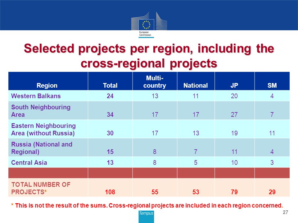 27 Selected projects per region, including the cross-regional projects Region Total Multi- countryNationalJPSM Western Balkans South Neighbouring Area Eastern Neighbouring Area (without Russia) Russia (National and Regional) Central Asia TOTAL NUMBER OF PROJECTS* This is not the result of the sums.