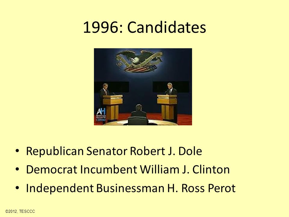 1996: Candidates Republican Senator Robert J. Dole Democrat Incumbent William J.
