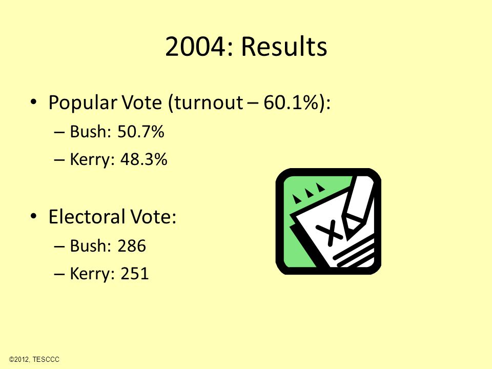 2004: Results Popular Vote (turnout – 60.1%): – Bush: 50.7% – Kerry: 48.3% Electoral Vote: – Bush: 286 – Kerry: 251 ©2012, TESCCC