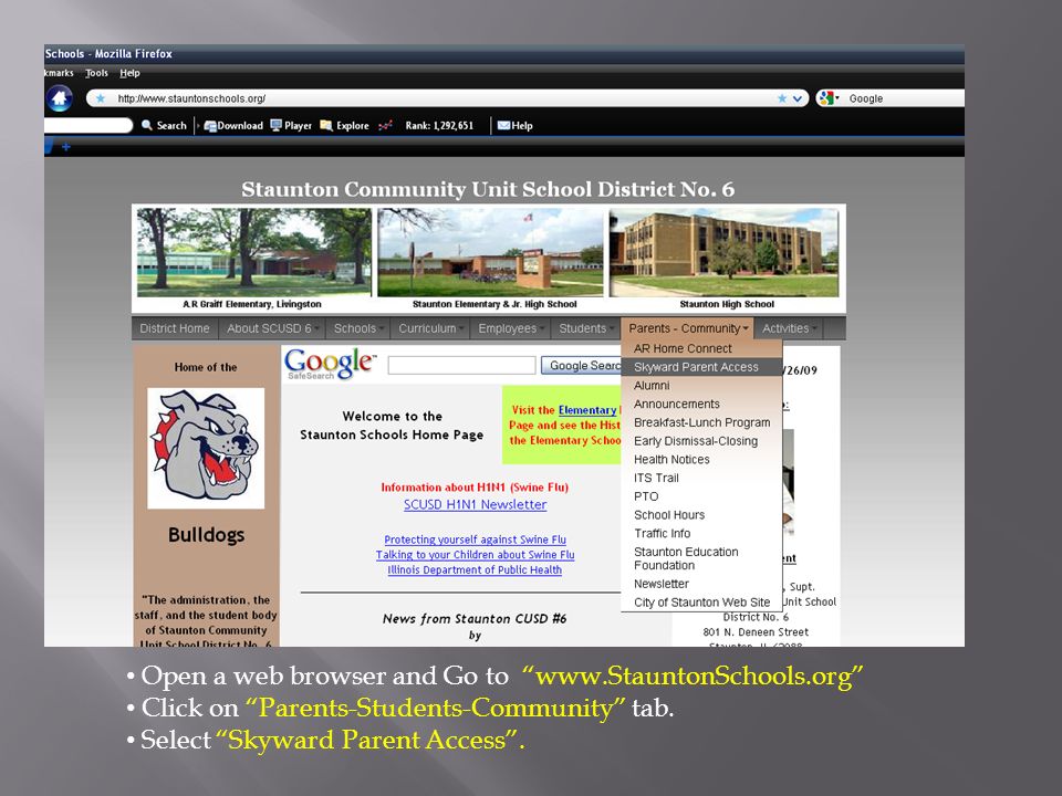 Open a web browser and Go to   Click on Parents-Students-Community tab.