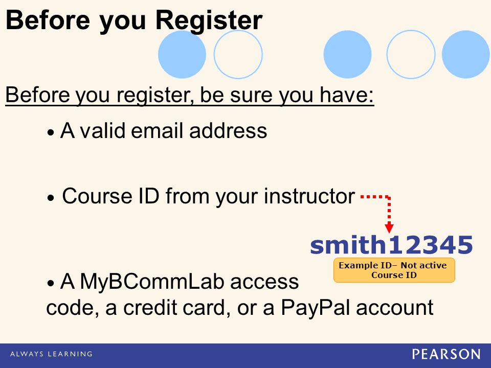 Before you register, be sure you have: A valid  address Course ID from your instructor A MyBCommLab access code, a credit card, or a PayPal account smith12345 Before you Register Example ID– Not active Course ID Example ID– Not active Course ID