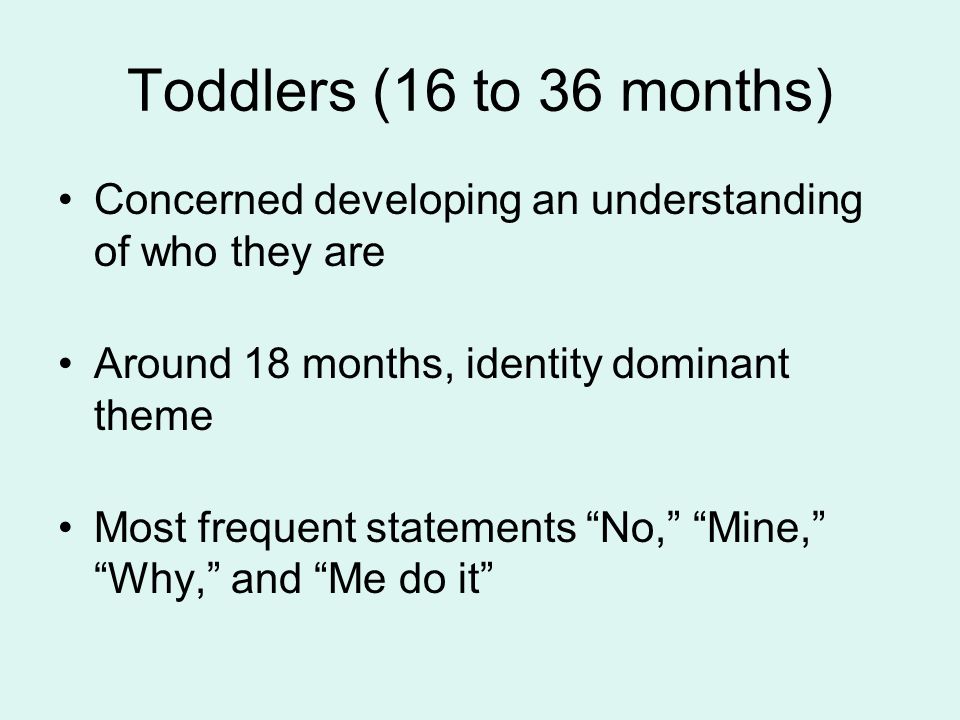Toddlers (16 to 36 months) Concerned developing an understanding of who they are Around 18 months, identity dominant theme Most frequent statements No, Mine, Why, and Me do it