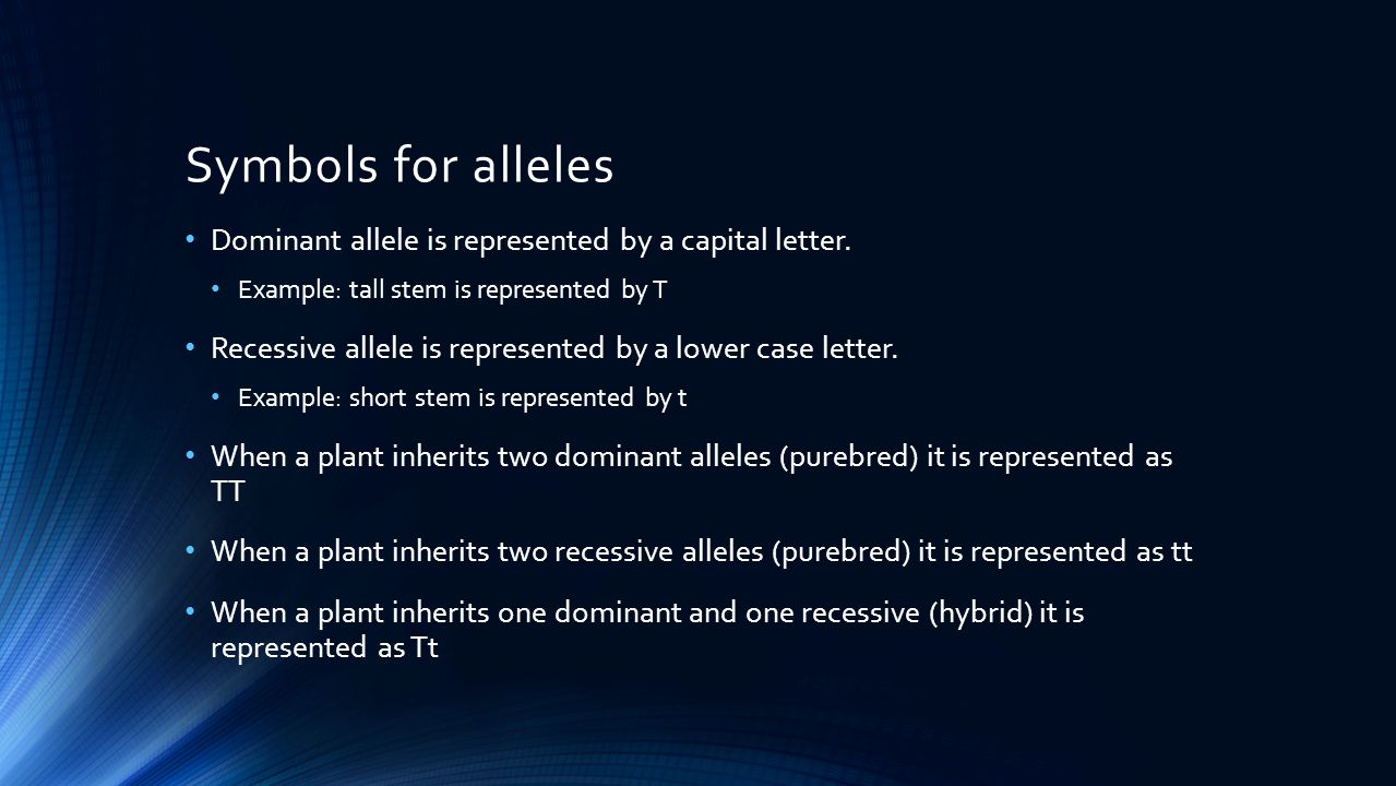 Symbols for alleles Dominant allele is represented by a capital letter.