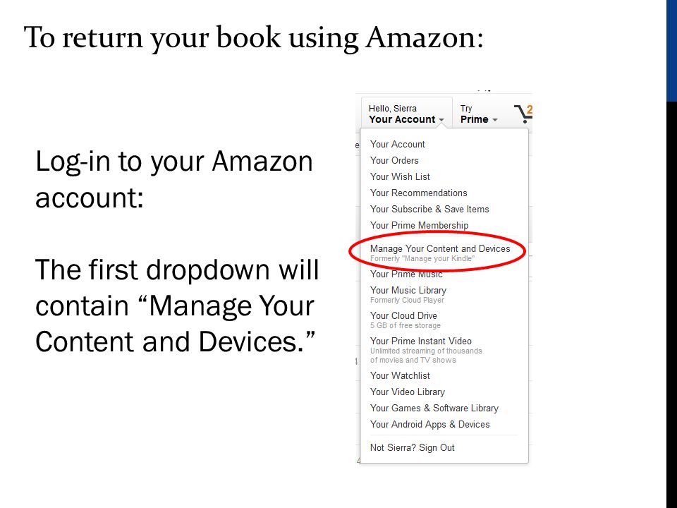 To return your book using Amazon: Log-in to your Amazon account: The first dropdown will contain Manage Your Content and Devices.