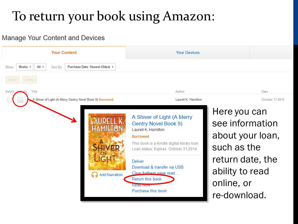 To return your book using Amazon: Here you can see information about your loan, such as the return date, the ability to read online, or re-download.
