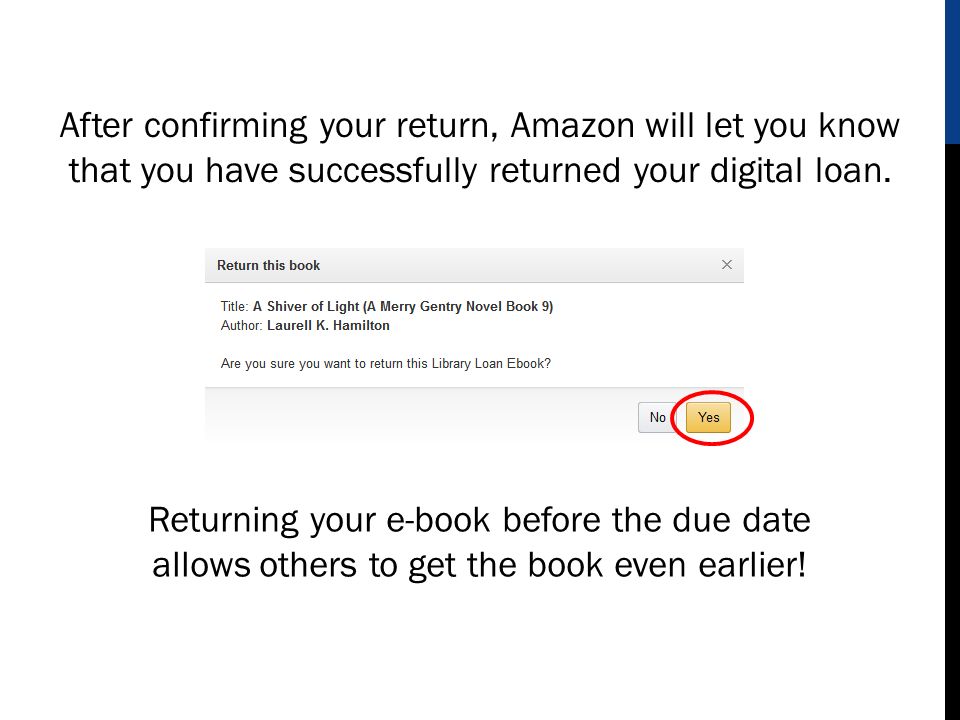 After confirming your return, Amazon will let you know that you have successfully returned your digital loan.