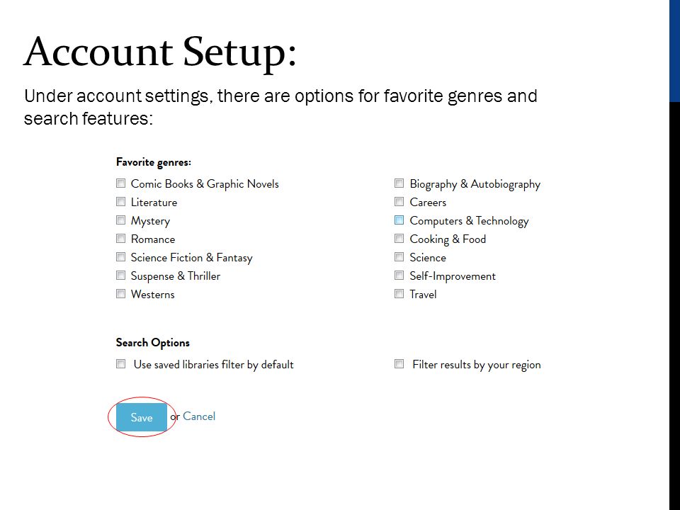 Account Setup: Under account settings, there are options for favorite genres and search features: