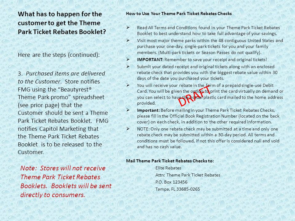 What has to happen for the customer to get the Theme Park Ticket Rebates Booklet.