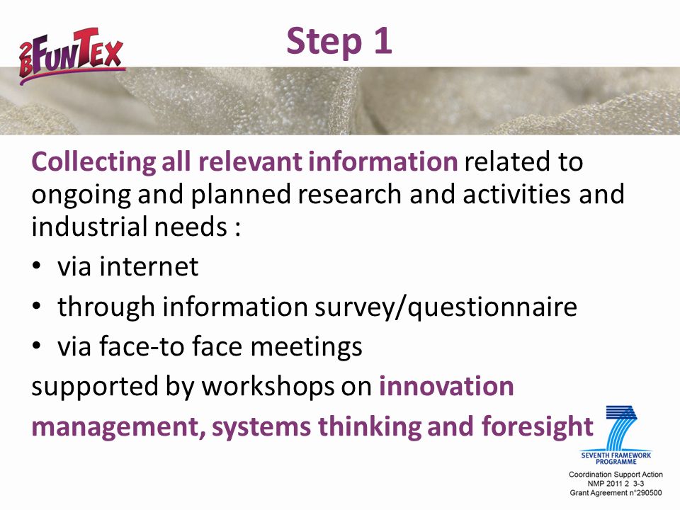 Step 1 Collecting all relevant information related to ongoing and planned research and activities and industrial needs : via internet through information survey/questionnaire via face-to face meetings supported by workshops on innovation management, systems thinking and foresight