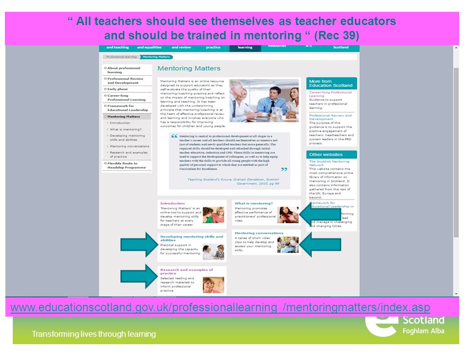 Transforming lives through learning Mentoring Matters   /mentoringmatters/index.asp All teachers should see themselves as teacher educators and should be trained in mentoring (Rec 39)