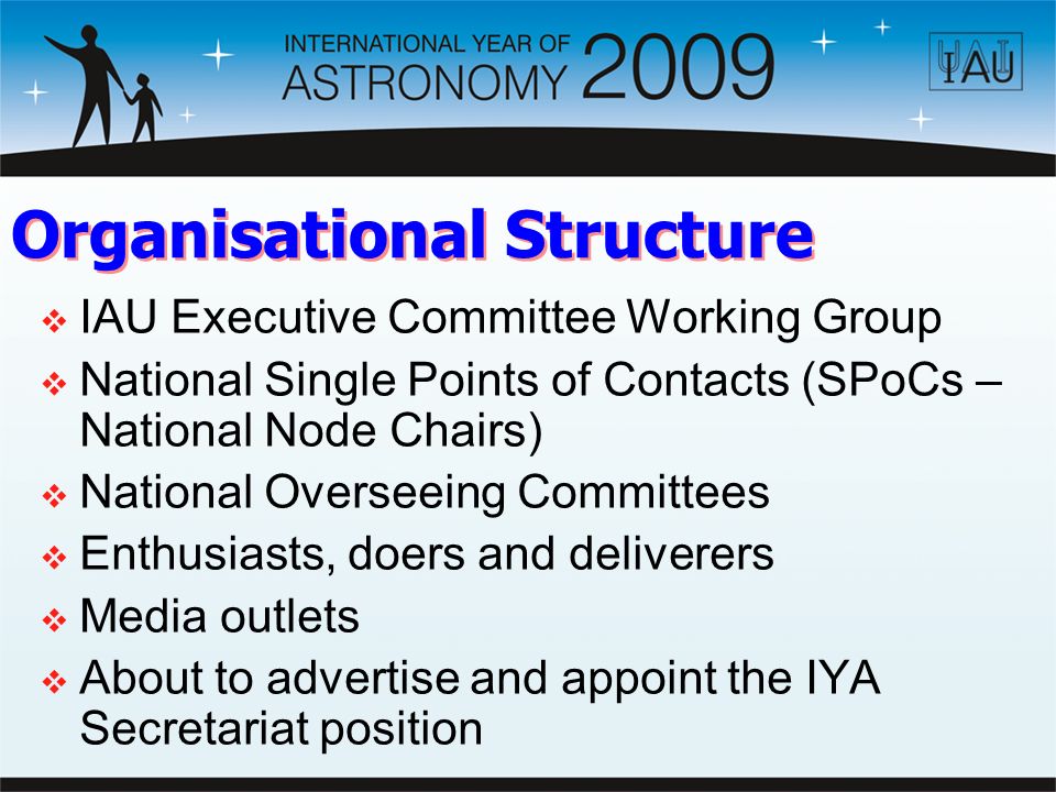 Organisational Structure  IAU Executive Committee Working Group  National Single Points of Contacts (SPoCs – National Node Chairs)  National Overseeing Committees  Enthusiasts, doers and deliverers  Media outlets  About to advertise and appoint the IYA Secretariat position