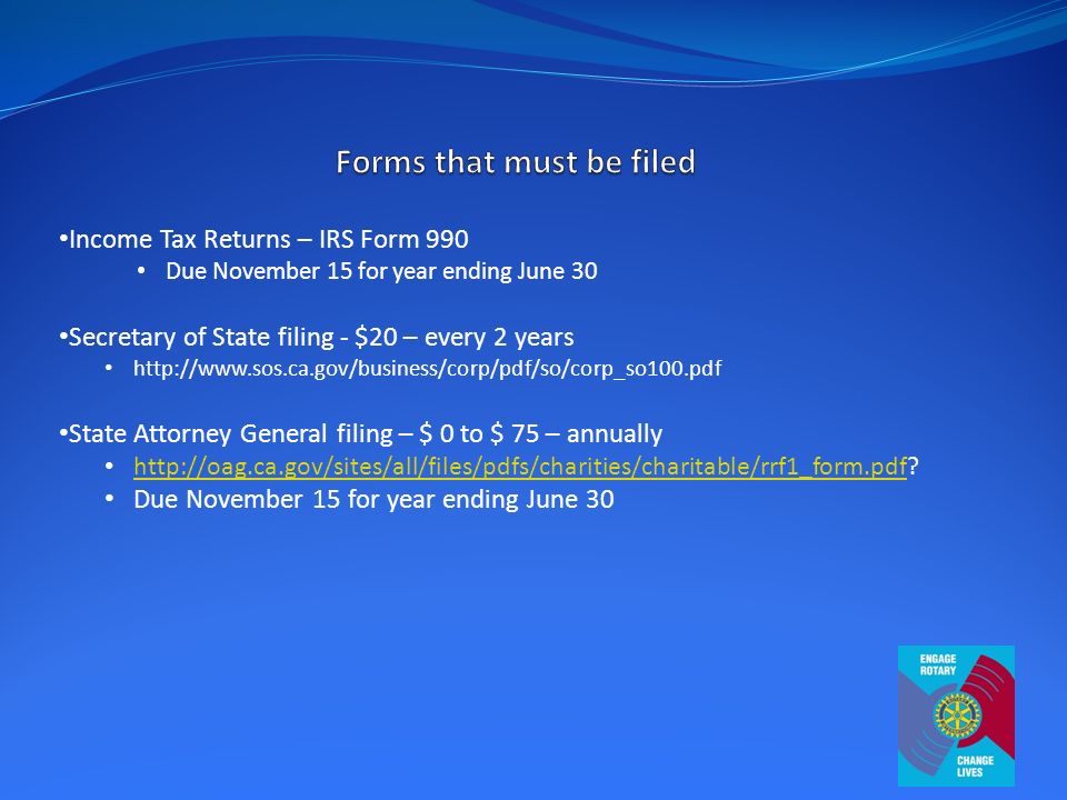 Income Tax Returns – IRS Form 990 Due November 15 for year ending June 30 Secretary of State filing - $20 – every 2 years   State Attorney General filing – $ 0 to $ 75 – annually