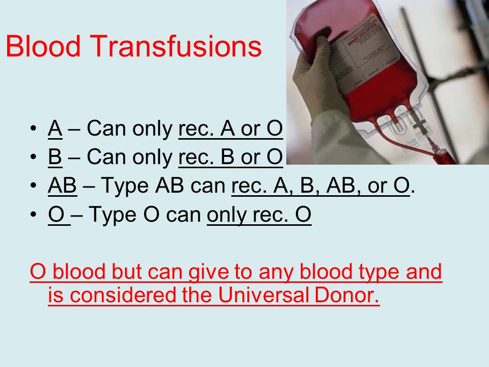 Blood Transfusions A – Can only rec. A or O B – Can only rec.