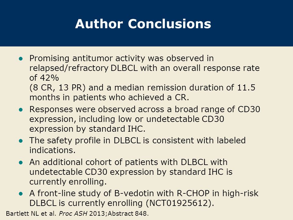 Author Conclusions Promising antitumor activity was observed in relapsed/refractory DLBCL with an overall response rate of 42% (8 CR, 13 PR) and a median remission duration of 11.5 months in patients who achieved a CR.