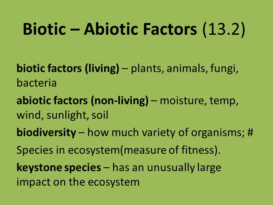 Biotic – Abiotic Factors (13.2) biotic factors (living) – plants, animals, fungi, bacteria abiotic factors (non-living) – moisture, temp, wind, sunlight, soil biodiversity – how much variety of organisms; # Species in ecosystem(measure of fitness).