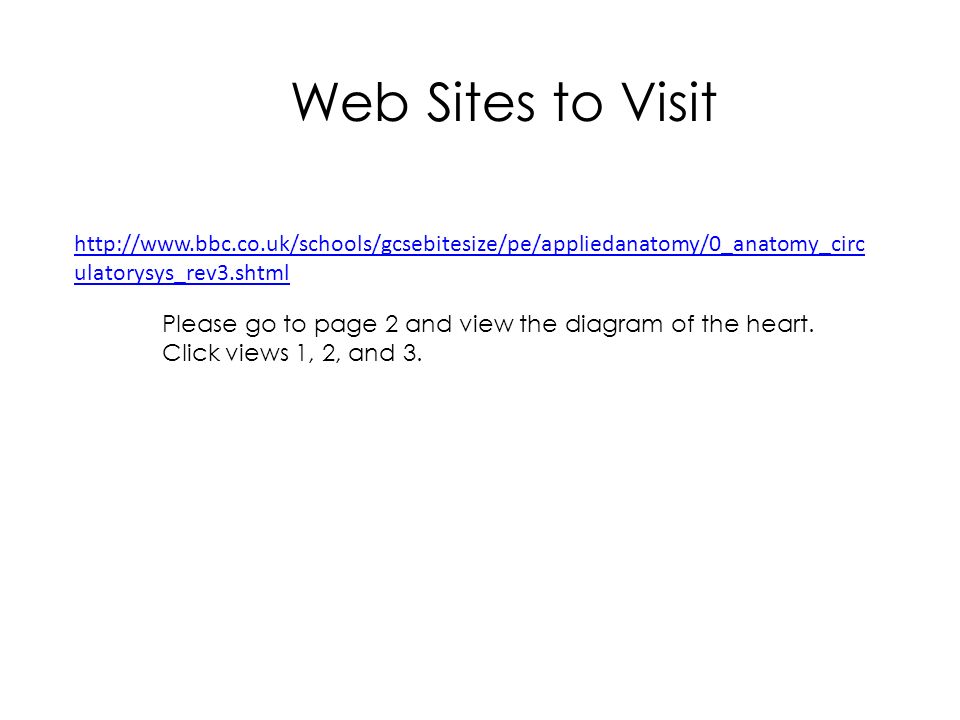 ulatorysys_rev3.shtml Web Sites to Visit Please go to page 2 and view the diagram of the heart.