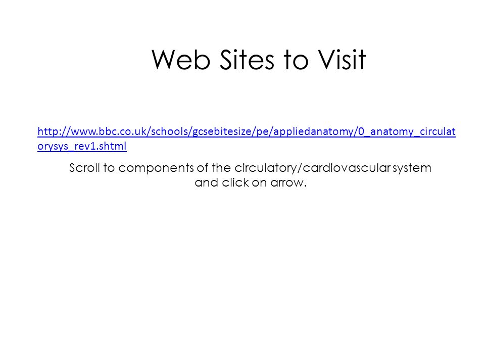 orysys_rev1.shtml Web Sites to Visit Scroll to components of the circulatory/cardiovascular system and click on arrow.