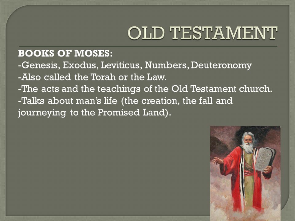 BOOKS OF MOSES: -Genesis, Exodus, Leviticus, Numbers, Deuteronomy -Also called the Torah or the Law.