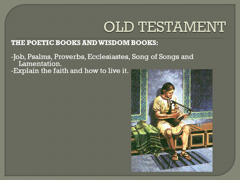 THE POETIC BOOKS AND WISDOM BOOKS: -Job, Psalms, Proverbs, Ecclesiastes, Song of Songs and Lamentation.