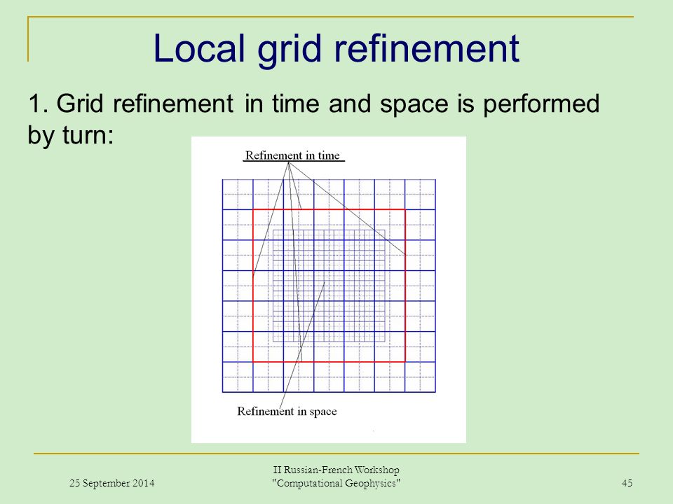 Local grid refinement 25 September 2014 II Russian-French Workshop Computational Geophysics 45 1.