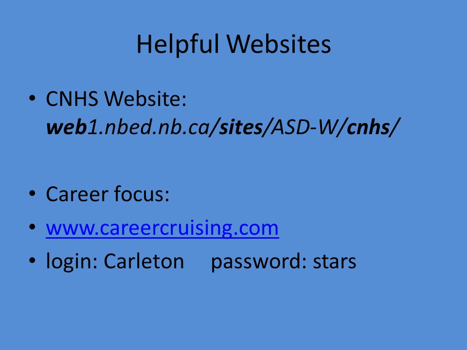 Helpful Websites CNHS Website: web1.nbed.nb.ca/sites/ASD-W/cnhs/‎ Career focus:   login: Carleton password: stars