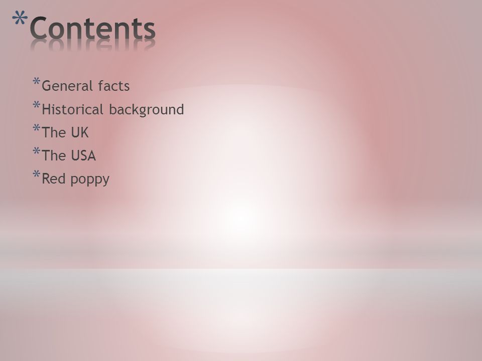 * General facts * Historical background * The UK * The USA * Red poppy