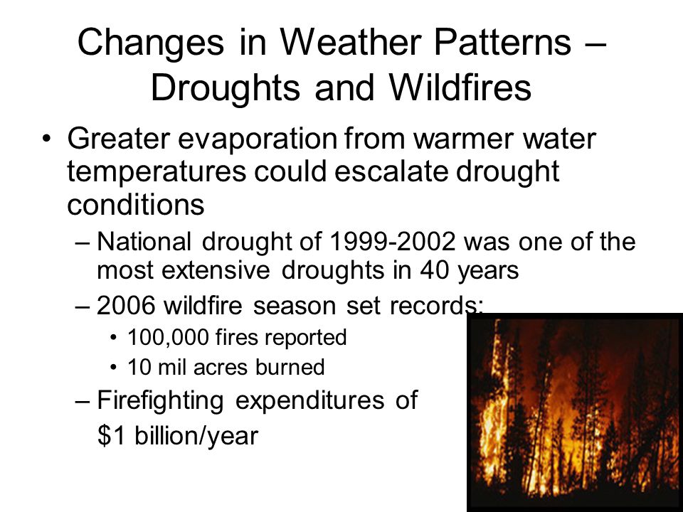 Changes in Weather Patterns – Droughts and Wildfires Greater evaporation from warmer water temperatures could escalate drought conditions –National drought of was one of the most extensive droughts in 40 years –2006 wildfire season set records: 100,000 fires reported 10 mil acres burned –Firefighting expenditures of $1 billion/year