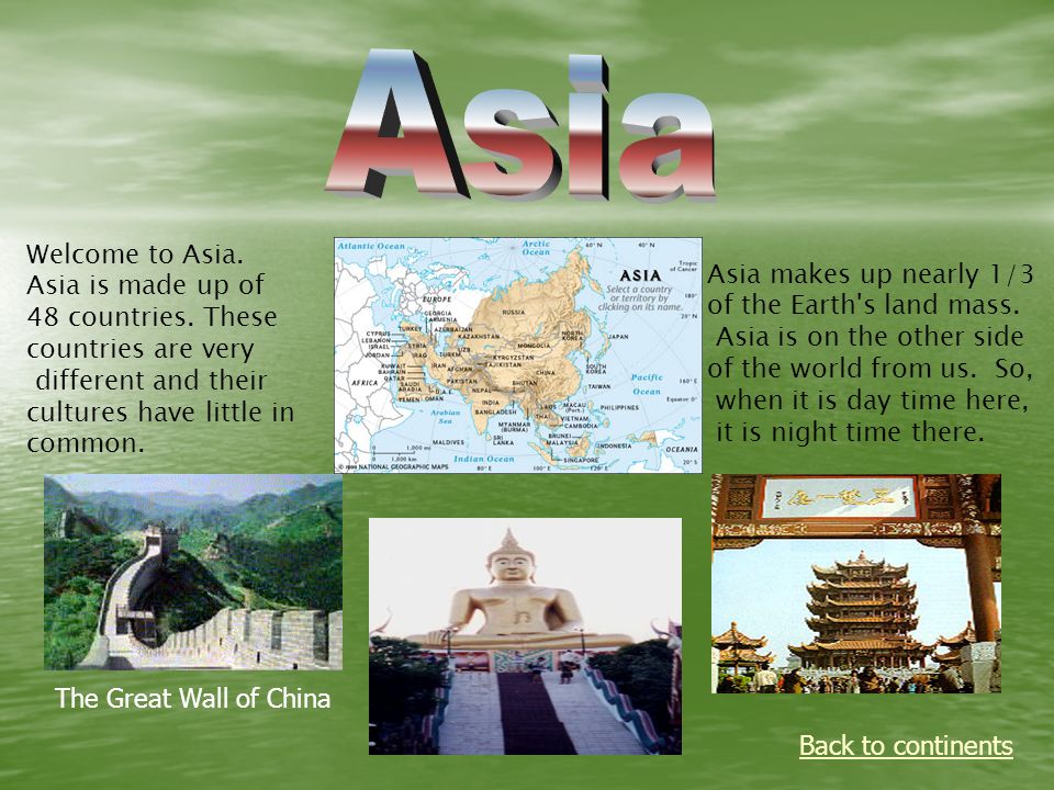Back to continents Welcome to Asia. Asia is made up of 48 countries.