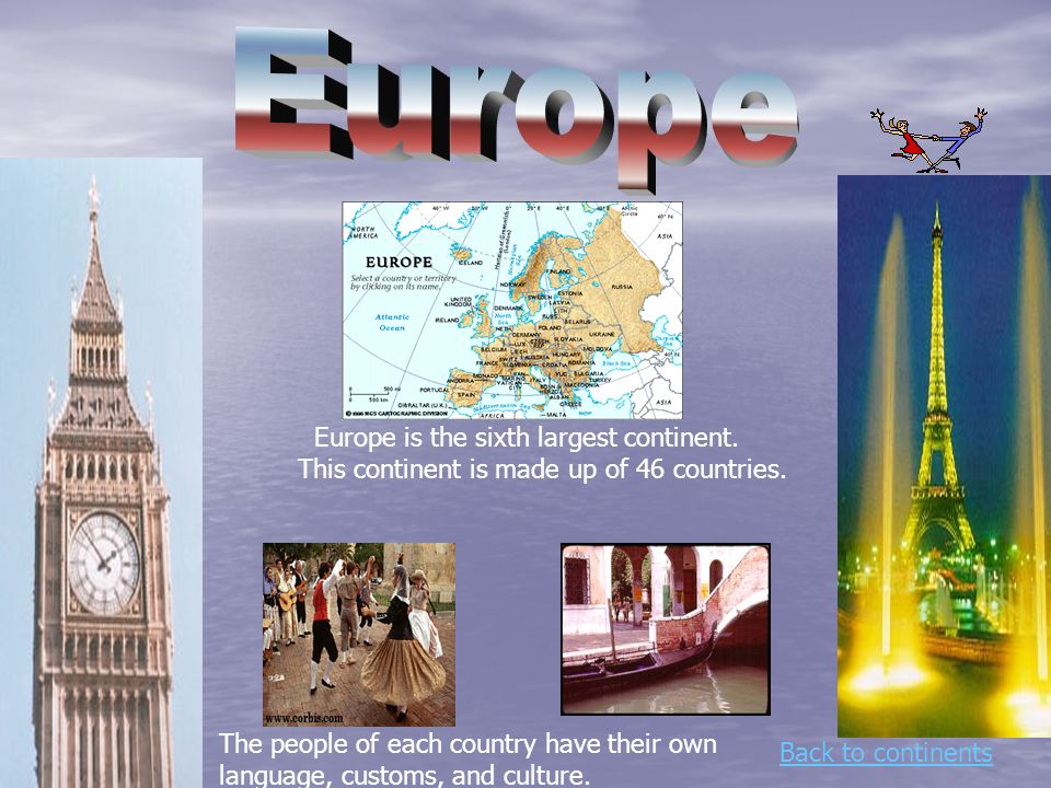 Back to continents Europe is the sixth largest continent.