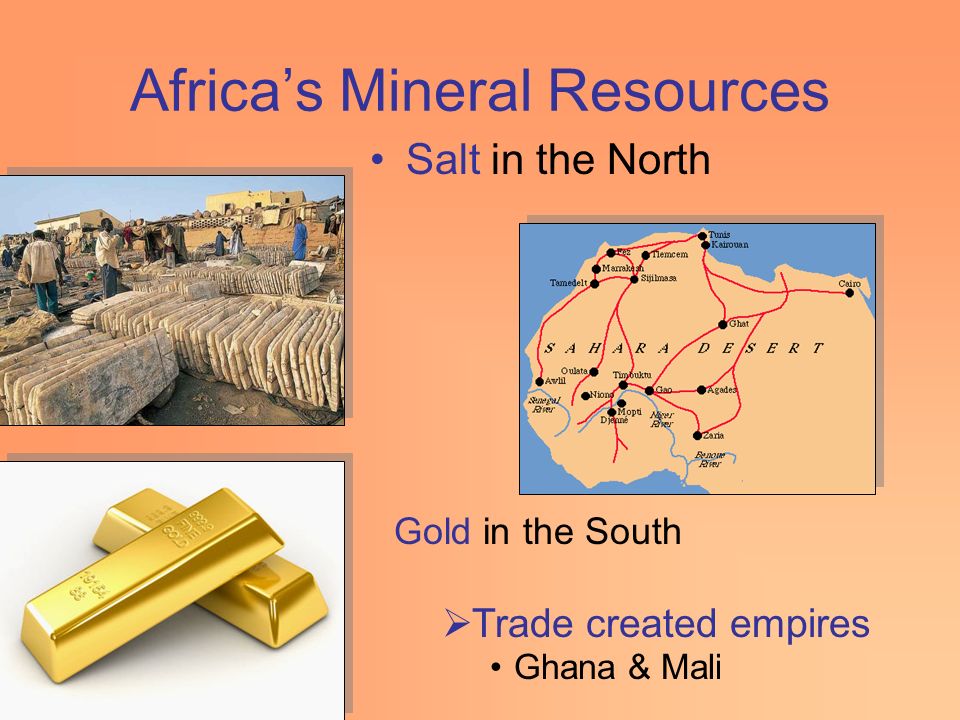 Africa’s Mineral Resources Salt in the North Gold in the South  Trade created empires Ghana & Mali