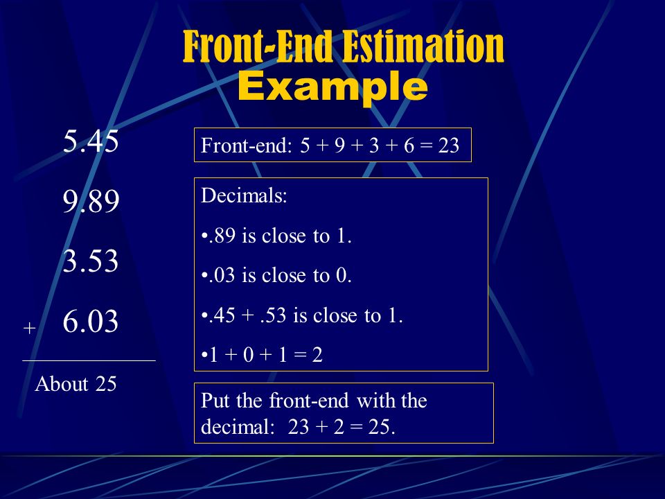 Example Front-end: = 23 Decimals:.89 is close to is close to is close to 1.